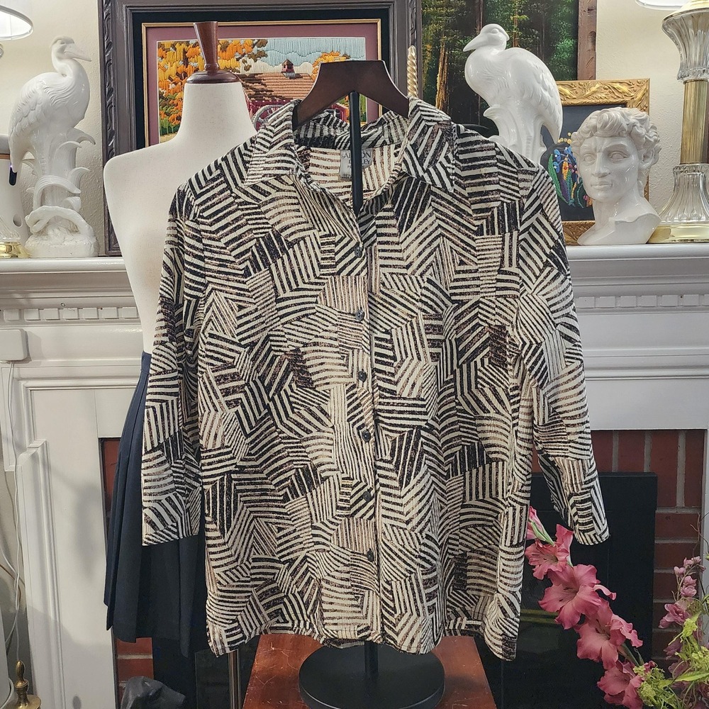 Allison Daley 80s Geometric Button Up Blouse Black Tan White Size‎ 10P
